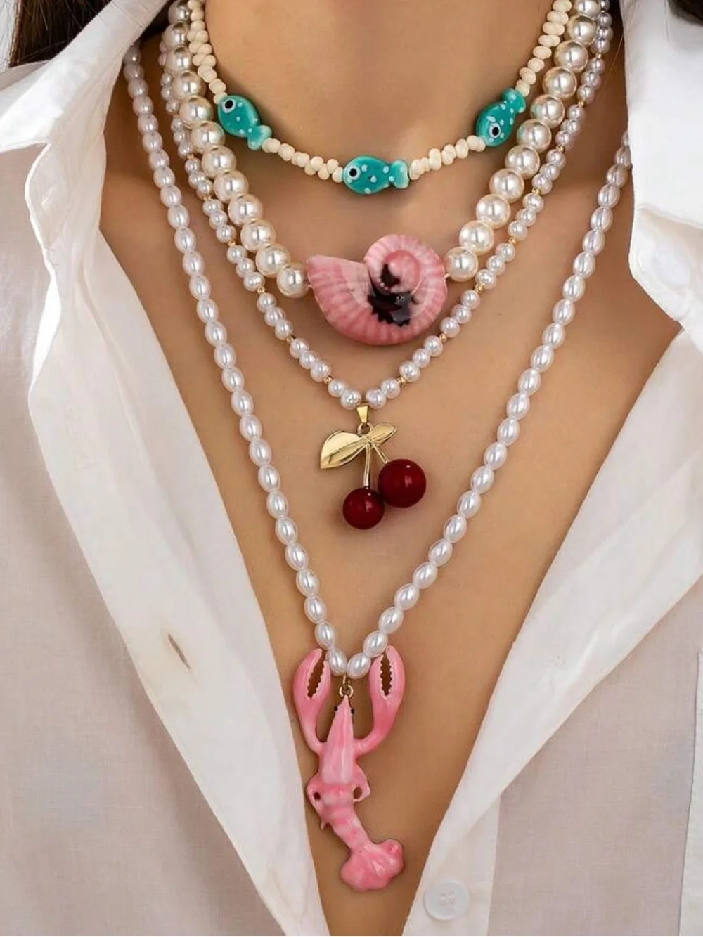 Pearl Necklace with Pink Coral Lobster Pendant R728